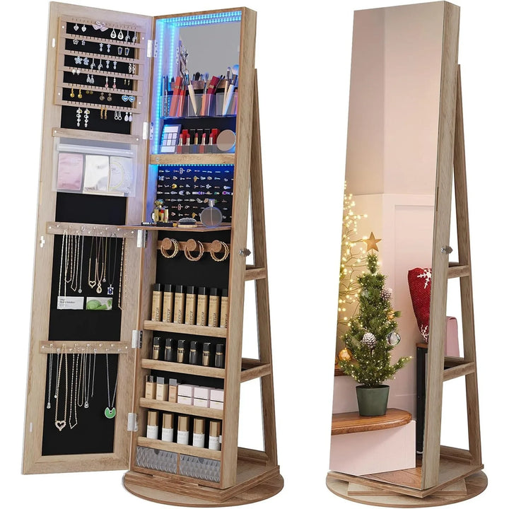 360° Swivel Jewelry Cabinet with Lights, Standing Jewelry Armoire Organizer, Rotatable Jewelry Mirror, Full Length Mirror
