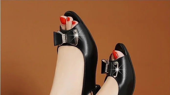 One Word Leather Summer 2024 Footwear Buckles White Women's Shoes Block Heel for Office Work Rhinestones with Low Heels Open Toe
