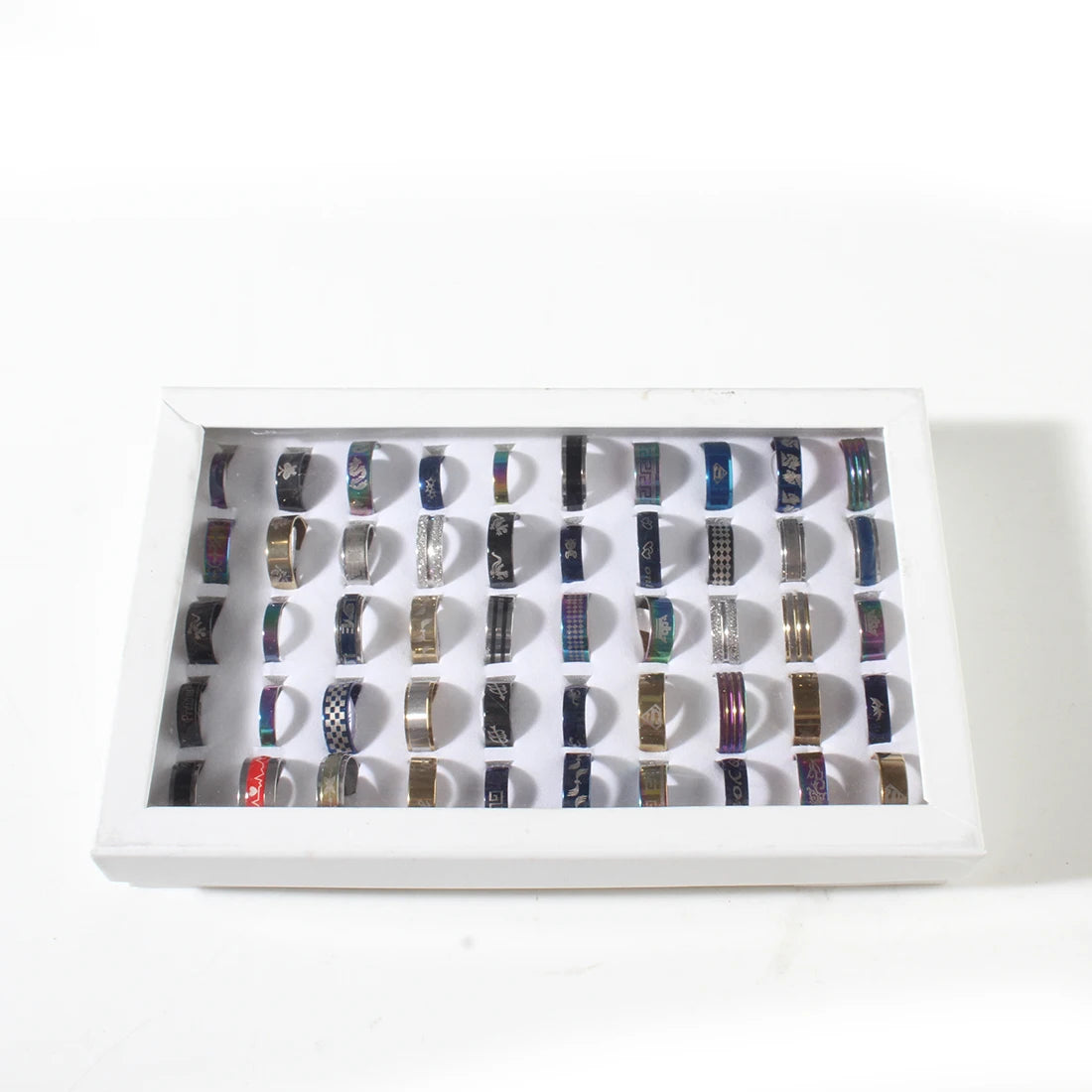 50Pcs/Lot Fashion Sparkling Multicolor Shells Stainless Steel Rings For Women Men Mix Style Wedding Party Finger Jewelry