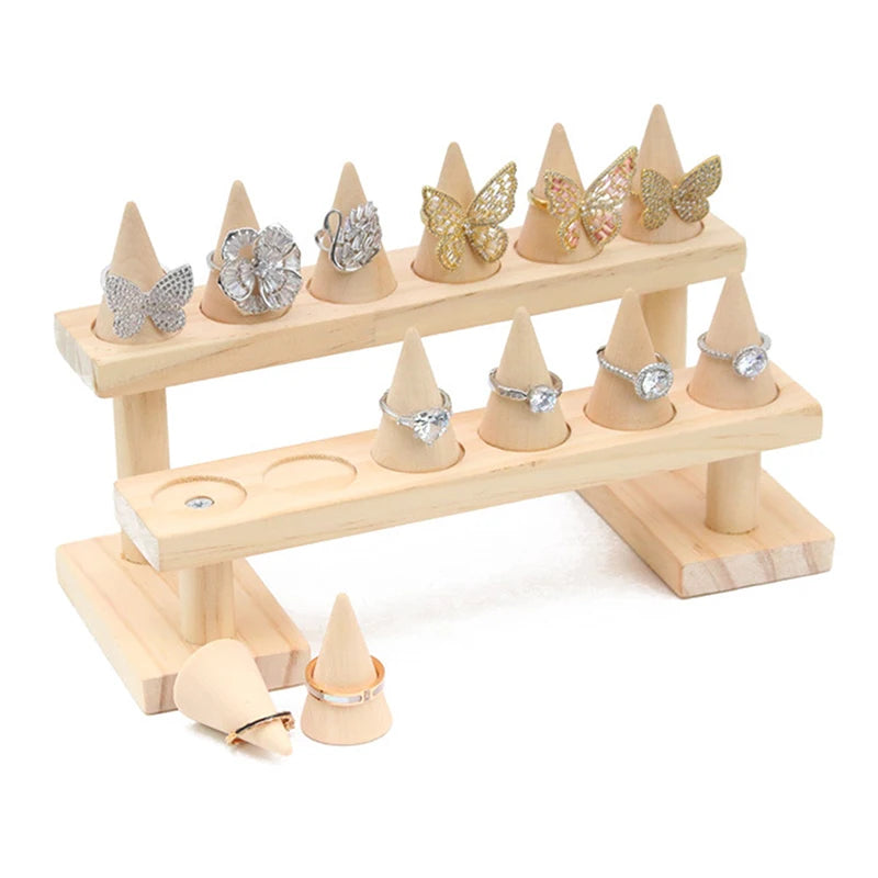 Cone Ring Display Holder Jewelry Display Stand Ring Showcase Storage Tray For Counter Shows Wooden Base Shop Decor