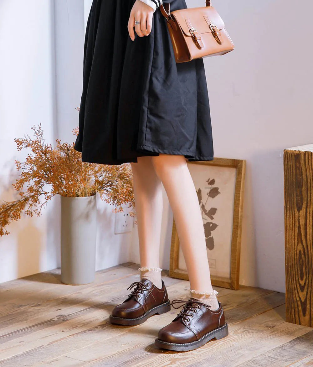 35-40 Women Oxfords Women's Shoes Ladies Leather Female Round Toe Sewing Retro Comfortable Footwear Lolita Shoe Brown