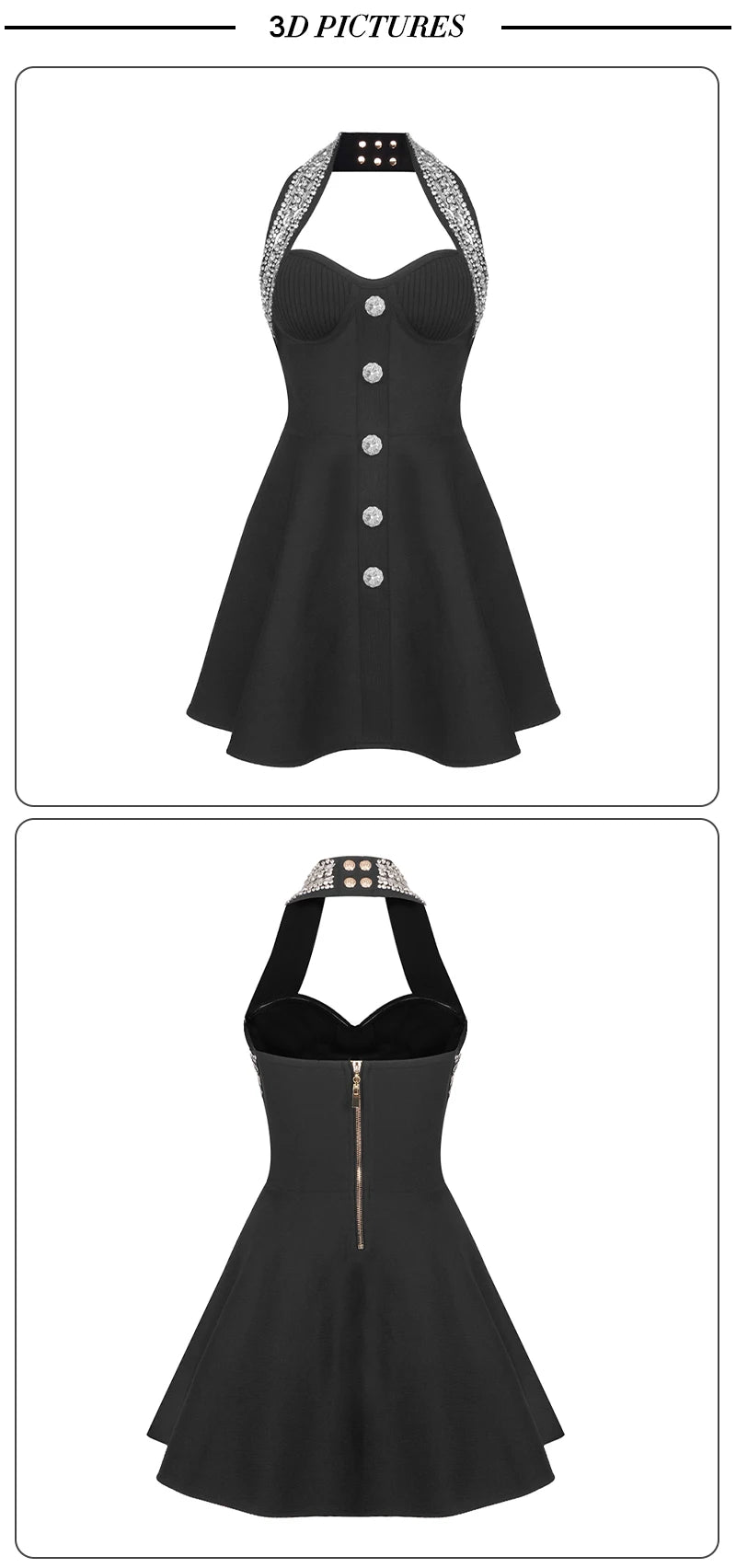 VC Fashion Summer Womens Dresses 2024 Luxury Diamond Halter Sleeveless Black Bandage A-Line Short Dress