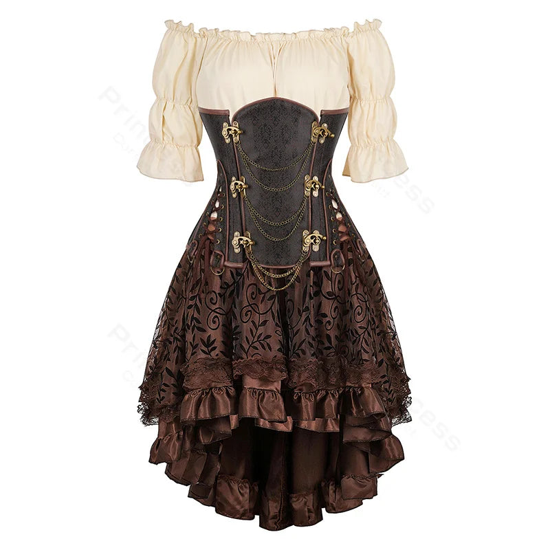 Steampunk Corset Dress Brown Pirate Costume Blouse Shoulder Off Underbust Corset Plus Size Cosplay Pirate Dresses for Women