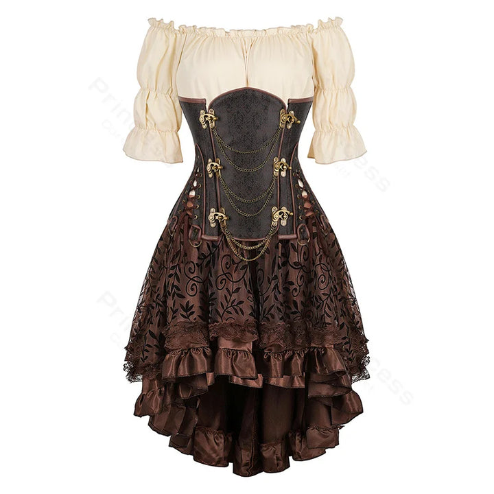 Steampunk Corset Dress Brown Pirate Costume Blouse Shoulder Off Underbust Corset Plus Size Cosplay Pirate Dresses for Women