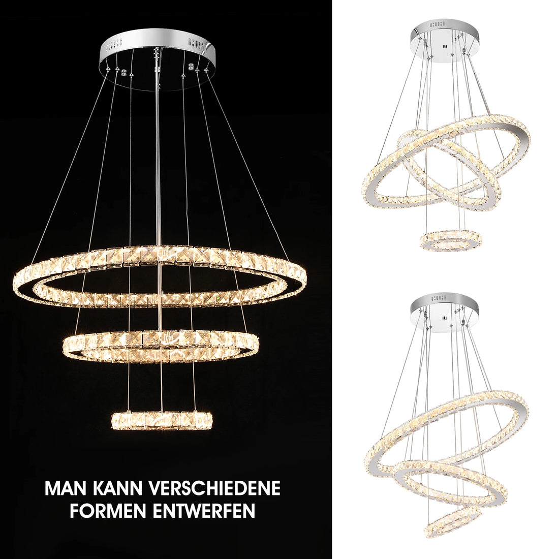 60W Modern Crystal LED ceiling lamp, 3 rings LED pendant light 60+40+20 cm,  Dimmable with remote control, Height adjustable