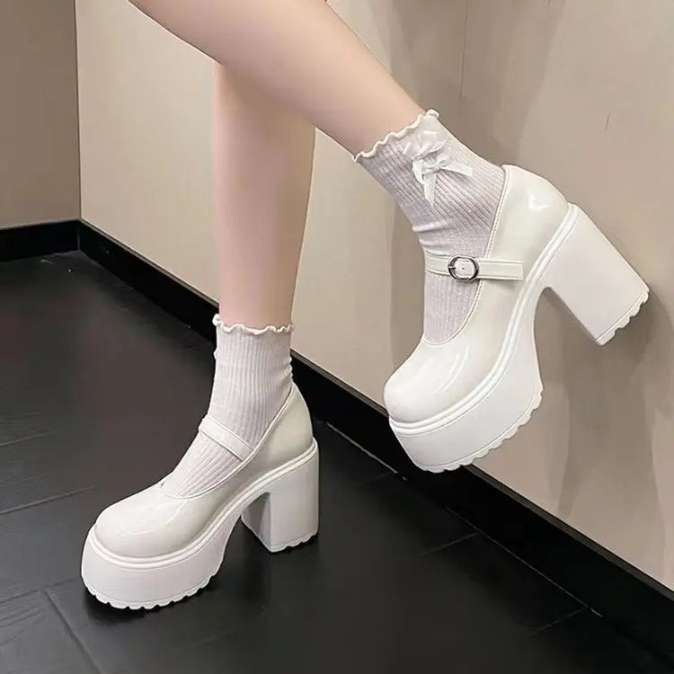 Women's versatile thick heeled shoes Fashion Buckle Pumps Mary Jane Shoes ladies White Lolita Shoe retro leather footwear Mujer
