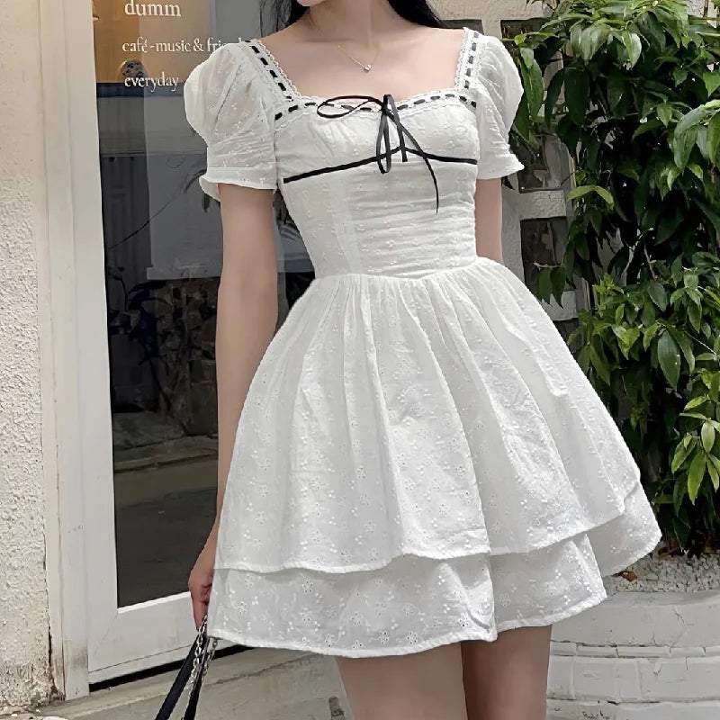 2024 Spliced Lace Embroidery Hollow Out Hole Flower Corset style Mini Dress Women Short Puff Sleeve Party Skater A-line Hem Robe