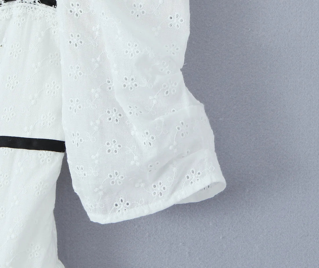 2024 Spliced Lace Embroidery Hollow Out Hole Flower Corset style Mini Dress Women Short Puff Sleeve Party Skater A-line Hem Robe