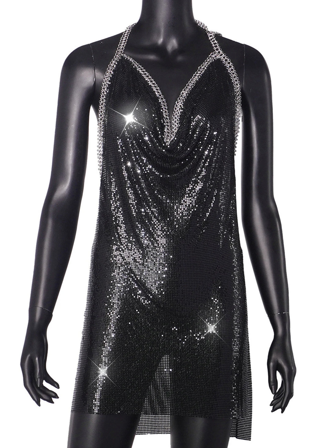 Sexy backless black metal sequin summer dress women 2025 beach rave outfit glitter mini club party dress evening dresses vestido
