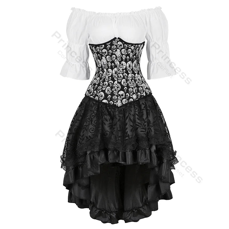 Steampunk Corset Dress Brown Pirate Costume Blouse Shoulder Off Underbust Corset Plus Size Cosplay Pirate Dresses for Women