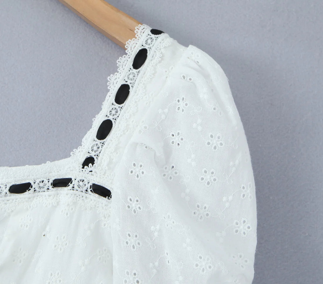 2024 Spliced Lace Embroidery Hollow Out Hole Flower Corset style Mini Dress Women Short Puff Sleeve Party Skater A-line Hem Robe