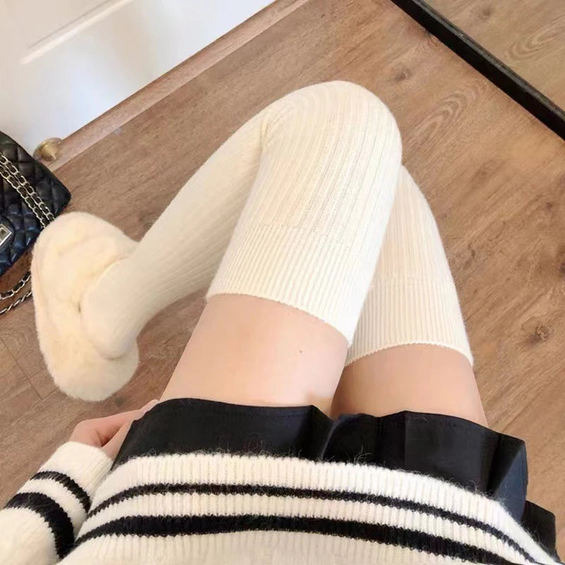 1Pair New Women Winter Warm Thicken Thermal High Stockings Soft Casual Solid Color Thigh Stockings Boots Floor Knee Socks