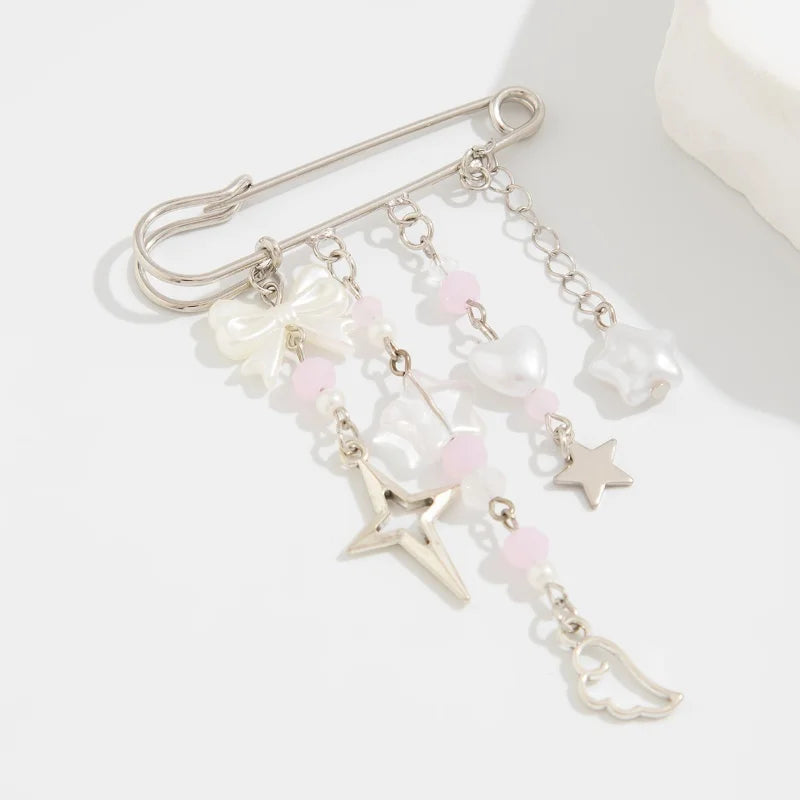 Y2K Gothic Sweet Bow Beaded Tassel Brooch Stylish Paperclip Lapel Pin Waist Buckle Fashion Sneaker Badge Shirt Collar Accessory
