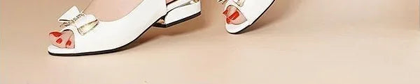 One Word Leather Summer 2024 Footwear Buckles White Women's Shoes Block Heel for Office Work Rhinestones with Low Heels Open Toe