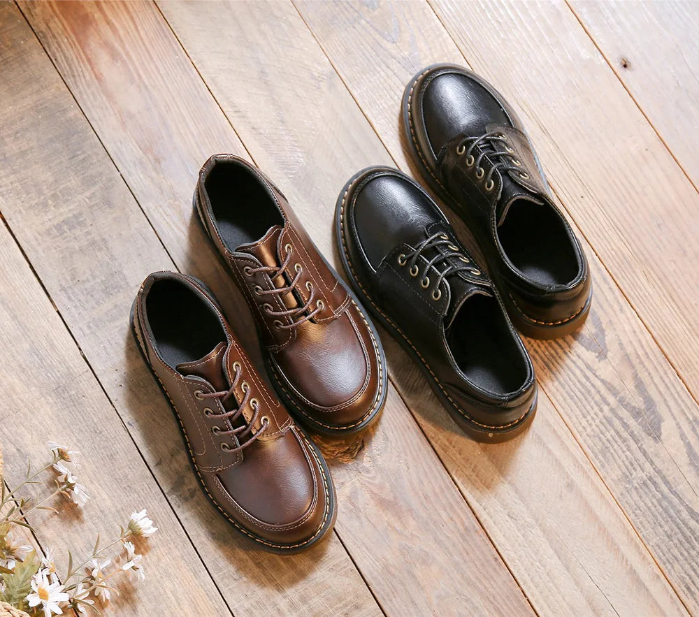 35-40 Women Oxfords Women's Shoes Ladies Leather Female Round Toe Sewing Retro Comfortable Footwear Lolita Shoe Brown