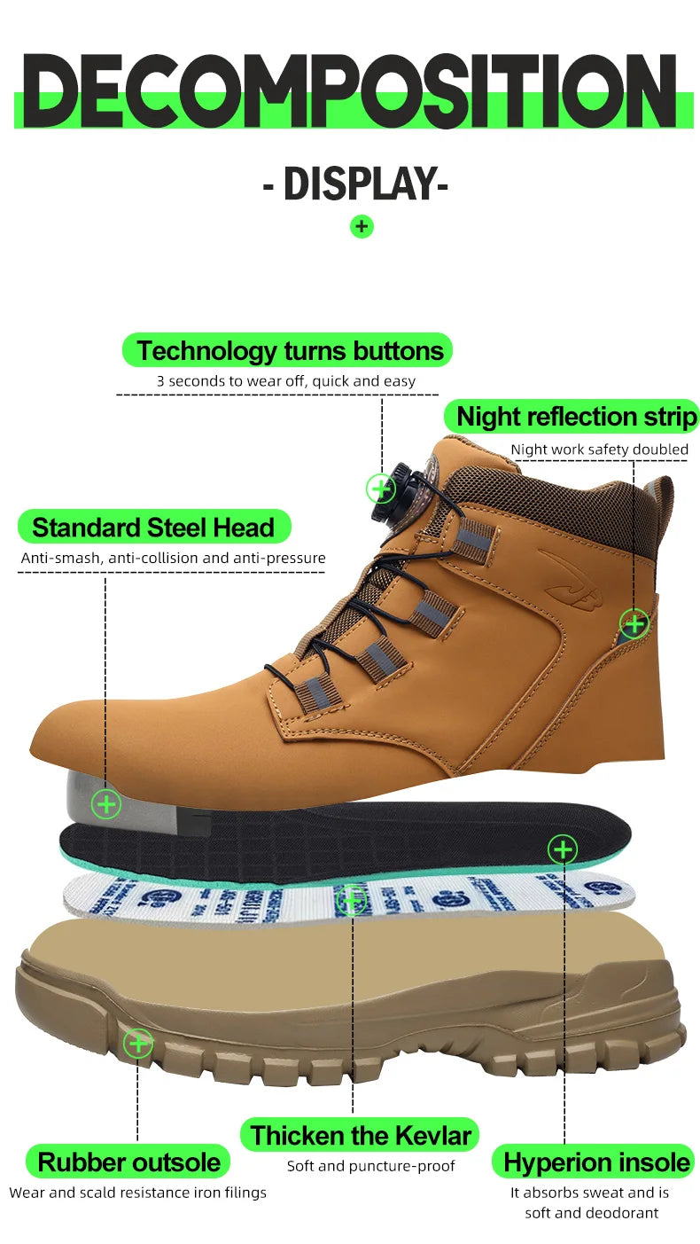 Safety Work Boots For Men Outdoor Hiking Sneaker Anti-smash Indestructible Steel Toe Protection Boots Male Boots Rotating Button