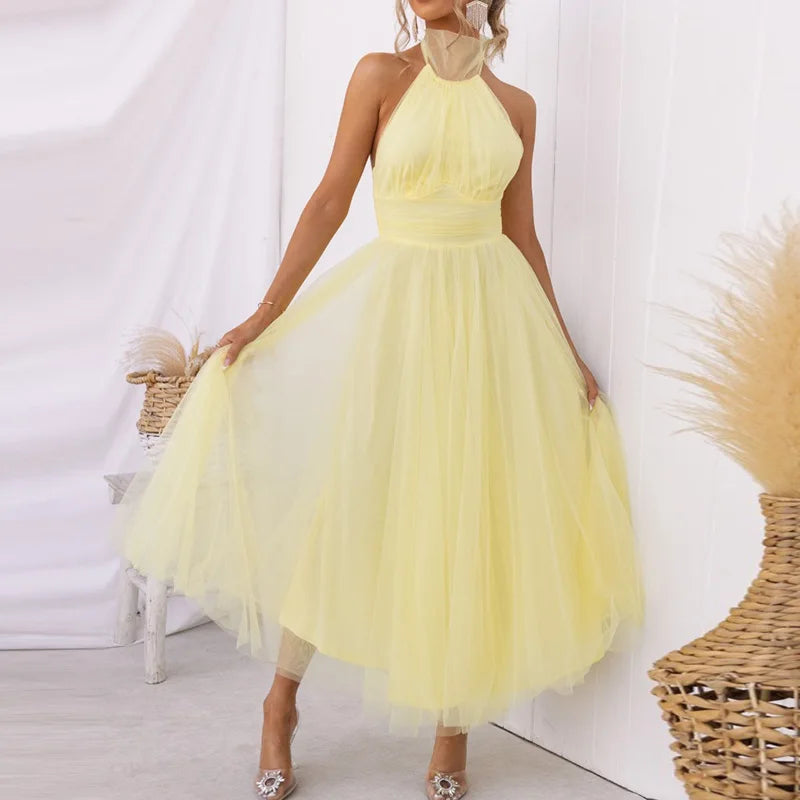 Ball Gown Style Solid Women Party Dress Summer Sexy Gauze High Waist Slim Fit Dress Lady Casual Backless Sleeveless V Neck Dress