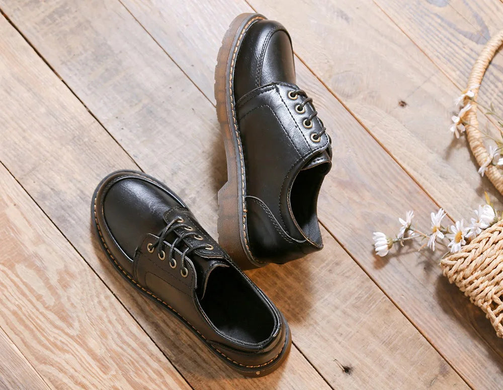 35-40 Women Oxfords Women's Shoes Ladies Leather Female Round Toe Sewing Retro Comfortable Footwear Lolita Shoe Brown