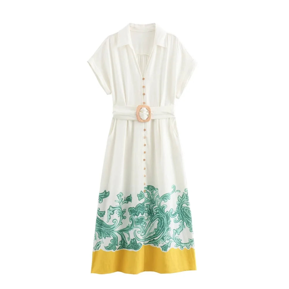 2024ZAR4 Summer New Women's European and American Style Retro Pattern Printed Shirt Style Dress Long Dress