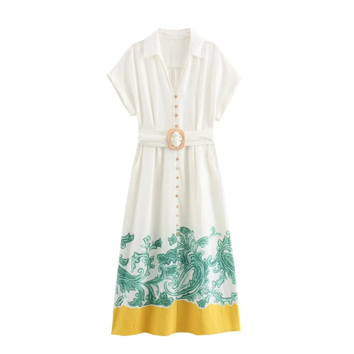 2024ZAR4 Summer New Women's European and American Style Retro Pattern Printed Shirt Style Dress Long Dress