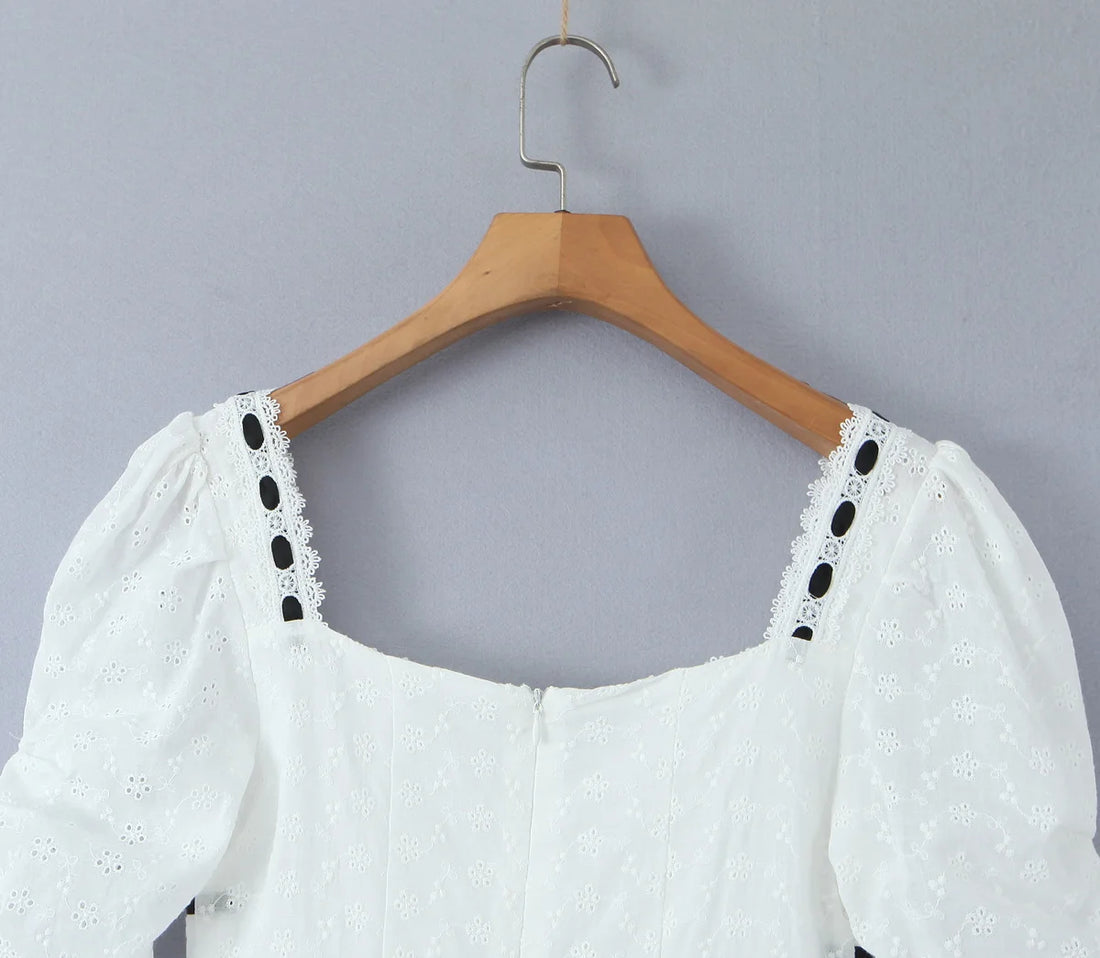 2024 Spliced Lace Embroidery Hollow Out Hole Flower Corset style Mini Dress Women Short Puff Sleeve Party Skater A-line Hem Robe