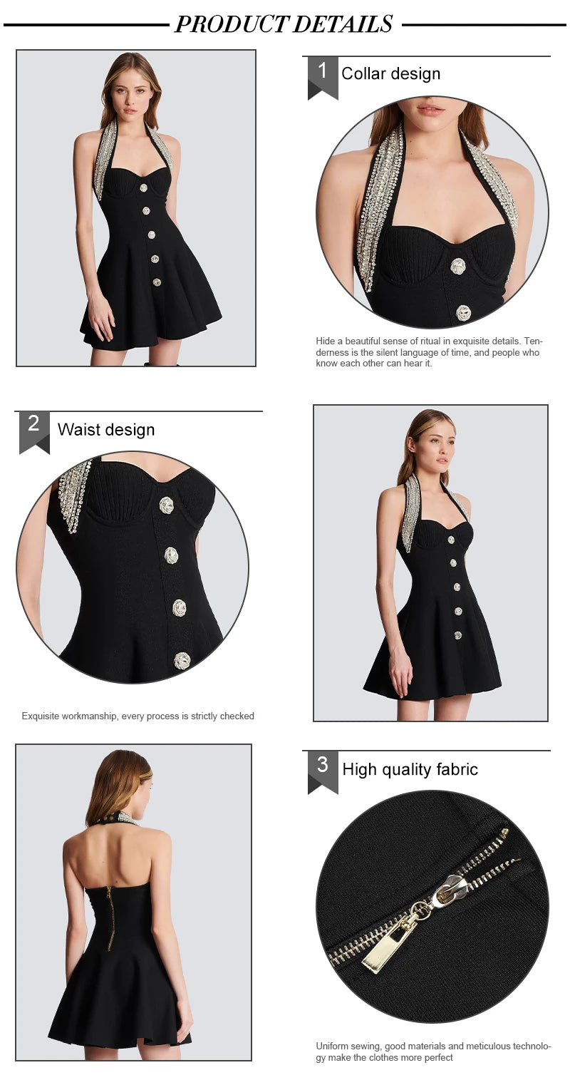 VC Fashion Summer Womens Dresses 2024 Luxury Diamond Halter Sleeveless Black Bandage A-Line Short Dress