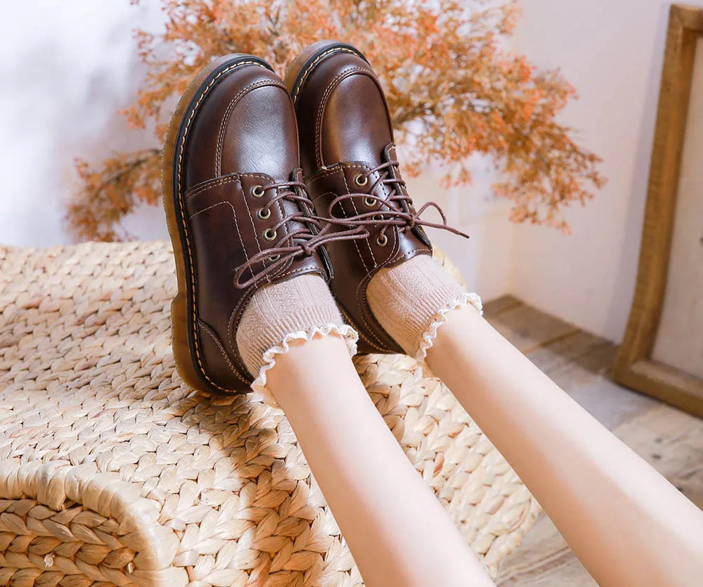 35-40 Women Oxfords Women's Shoes Ladies Leather Female Round Toe Sewing Retro Comfortable Footwear Lolita Shoe Brown