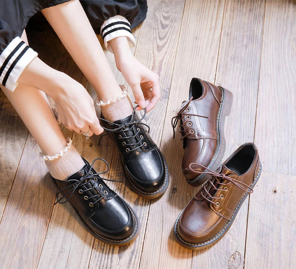 35-40 Women Oxfords Women's Shoes Ladies Leather Female Round Toe Sewing Retro Comfortable Footwear Lolita Shoe Brown