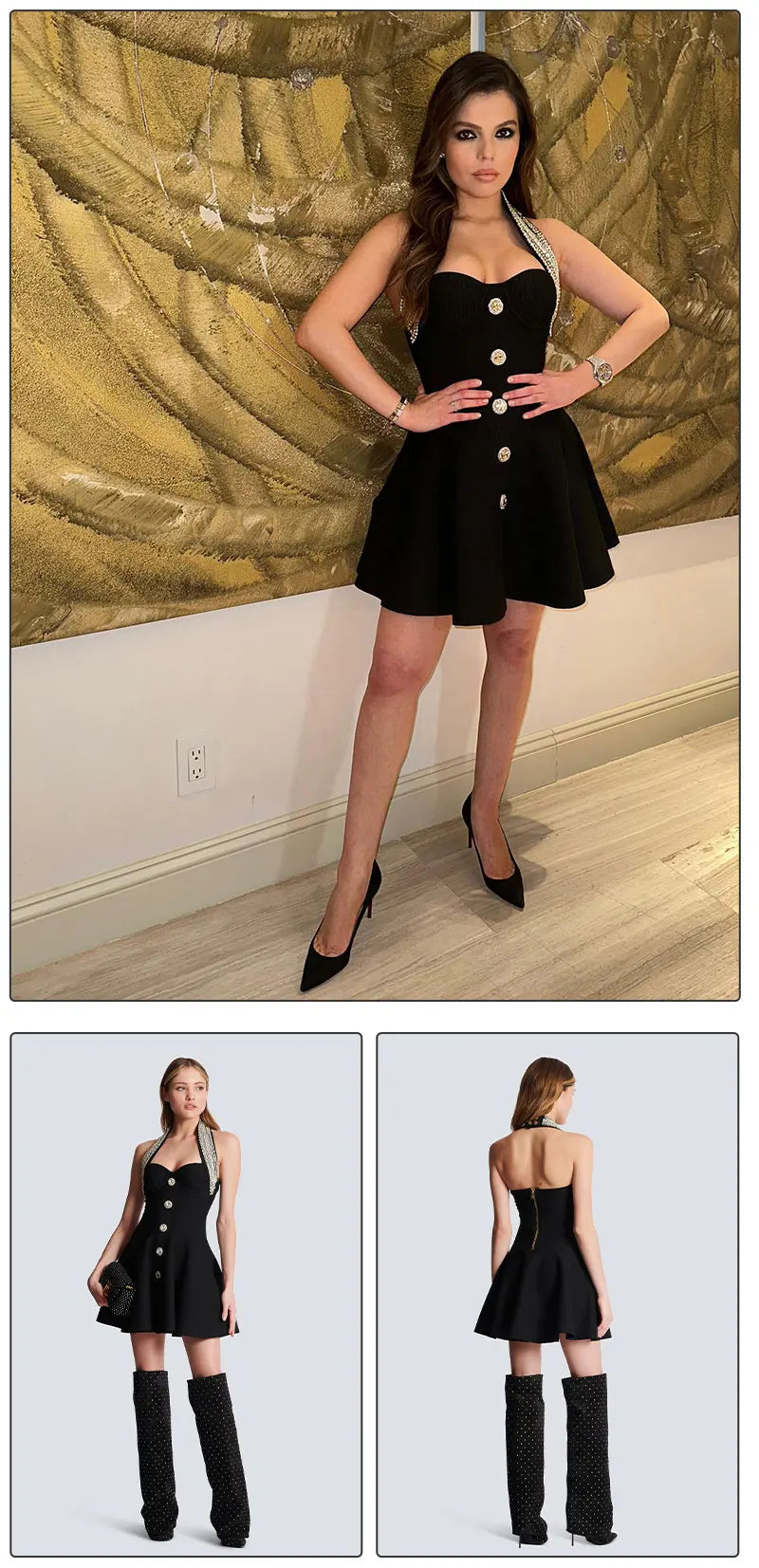 VC Fashion Summer Womens Dresses 2024 Luxury Diamond Halter Sleeveless Black Bandage A-Line Short Dress