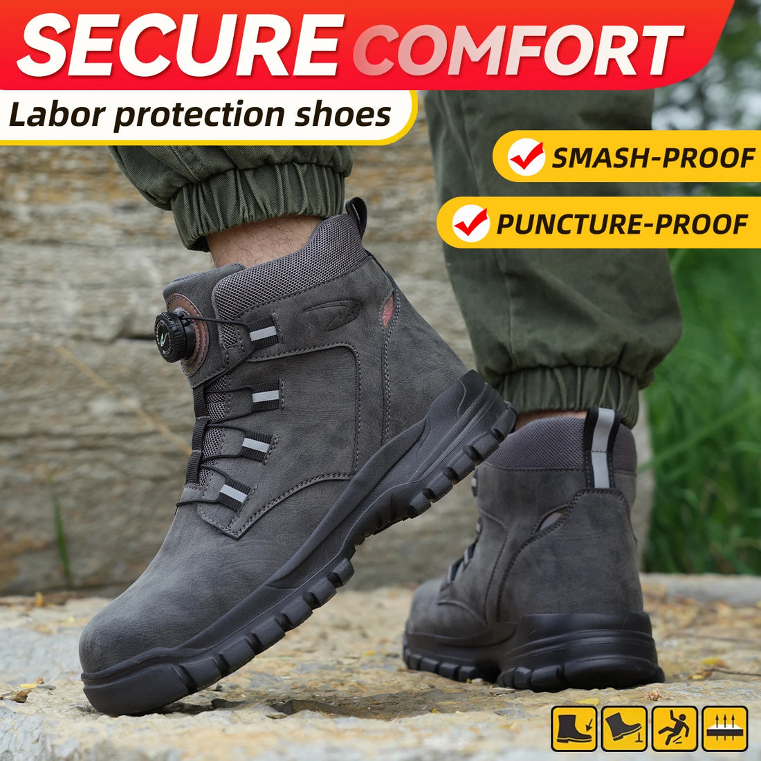 Safety Work Boots For Men Outdoor Hiking Sneaker Anti-smash Indestructible Steel Toe Protection Boots Male Boots Rotating Button