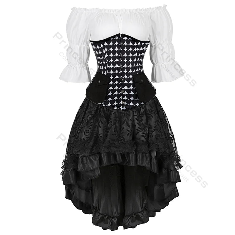 Steampunk Corset Dress Brown Pirate Costume Blouse Shoulder Off Underbust Corset Plus Size Cosplay Pirate Dresses for Women