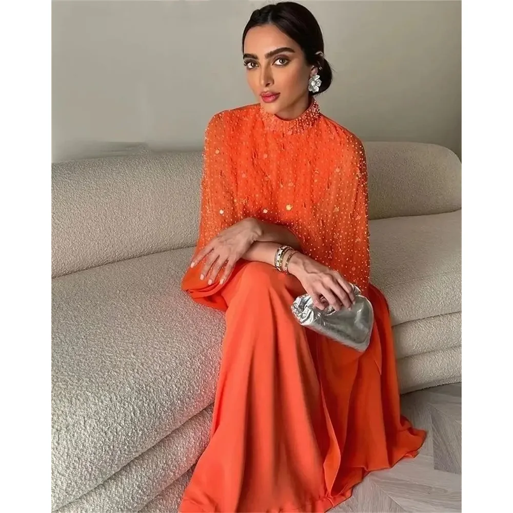 Customized Two Pieces Evening Dresses High Neck Beadings Sequins Chiffon Floor Length Formal Party Prom Dress Vestidos De Noche