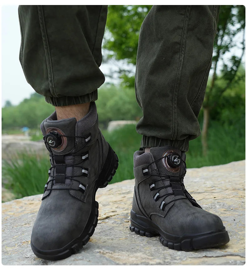 Safety Work Boots For Men Outdoor Hiking Sneaker Anti-smash Indestructible Steel Toe Protection Boots Male Boots Rotating Button