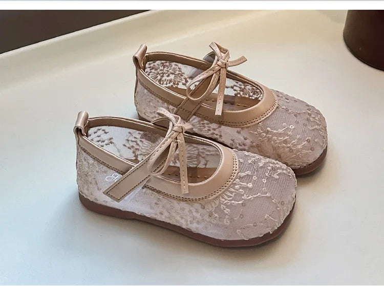 Childrens Casual Shoes with Bow Round Toe Non Slip Soft Sole Breathable 2025 New Summer Outdoor Mesh Girls Flat Shoes