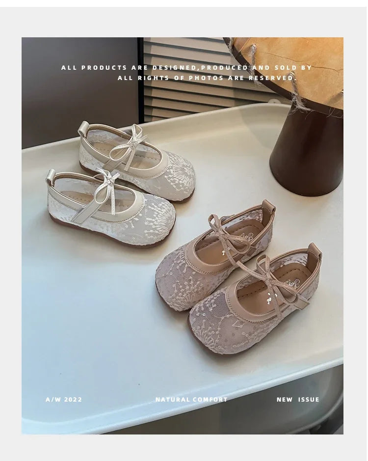 Childrens Casual Shoes with Bow Round Toe Non Slip Soft Sole Breathable 2025 New Summer Outdoor Mesh Girls Flat Shoes