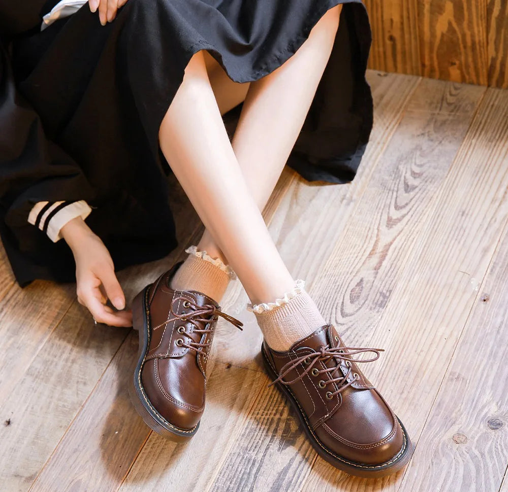 35-40 Women Oxfords Women's Shoes Ladies Leather Female Round Toe Sewing Retro Comfortable Footwear Lolita Shoe Brown