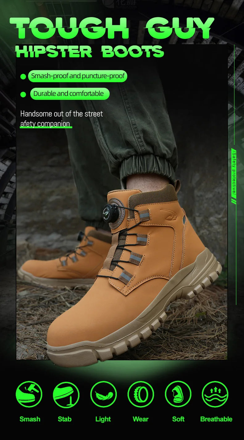 Safety Work Boots For Men Outdoor Hiking Sneaker Anti-smash Indestructible Steel Toe Protection Boots Male Boots Rotating Button