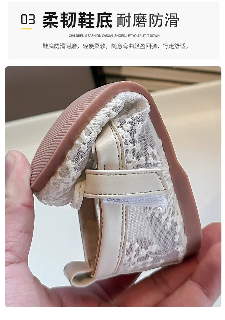 Childrens Casual Shoes with Bow Round Toe Non Slip Soft Sole Breathable 2025 New Summer Outdoor Mesh Girls Flat Shoes