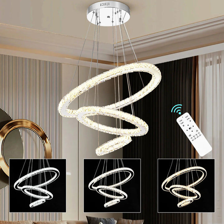 60W Modern Crystal LED ceiling lamp, 3 rings LED pendant light 60+40+20 cm,  Dimmable with remote control, Height adjustable