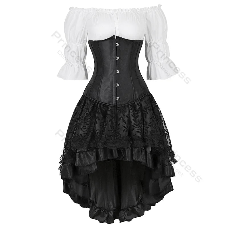 Steampunk Corset Dress Brown Pirate Costume Blouse Shoulder Off Underbust Corset Plus Size Cosplay Pirate Dresses for Women