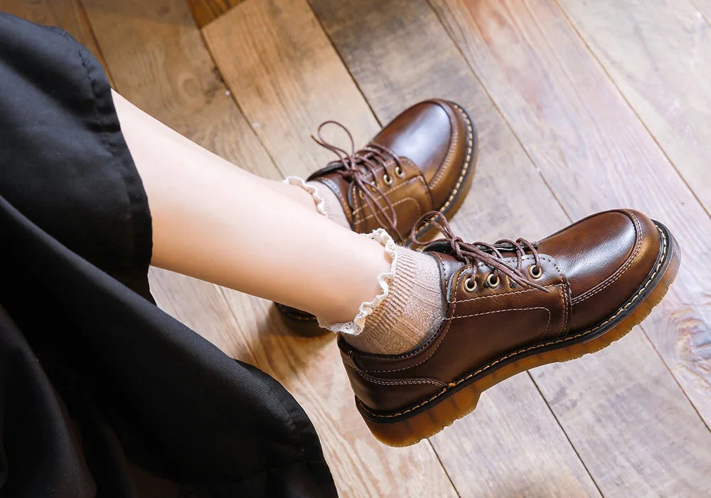 35-40 Women Oxfords Women's Shoes Ladies Leather Female Round Toe Sewing Retro Comfortable Footwear Lolita Shoe Brown