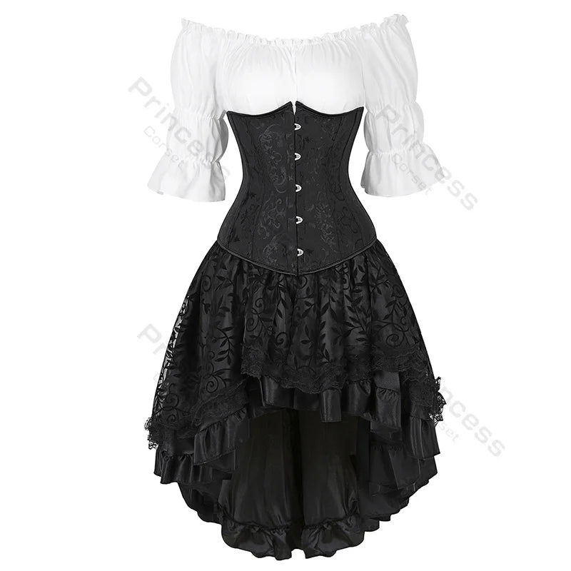 Steampunk Corset Dress Brown Pirate Costume Blouse Shoulder Off Underbust Corset Plus Size Cosplay Pirate Dresses for Women