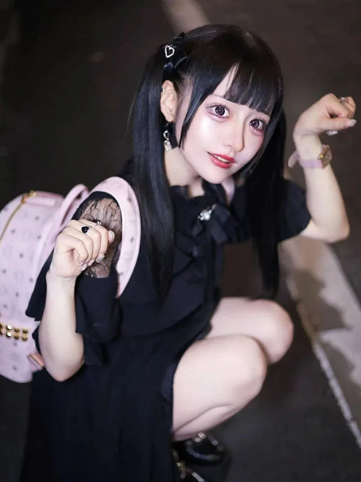 Kawaii Women Dress Lolita Y2K Cute Japanese Style Elegant Short Sleeve Black Sweet Casual Office Lady Aesthetic Mini Dress 2023