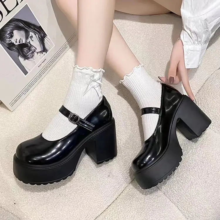 Women's versatile thick heeled shoes Fashion Buckle Pumps Mary Jane Shoes ladies White Lolita Shoe retro leather footwear Mujer