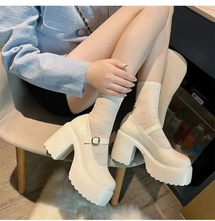 Women's versatile thick heeled shoes Fashion Buckle Pumps Mary Jane Shoes ladies White Lolita Shoe retro leather footwear Mujer