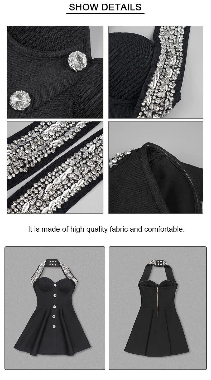VC Fashion Summer Womens Dresses 2024 Luxury Diamond Halter Sleeveless Black Bandage A-Line Short Dress