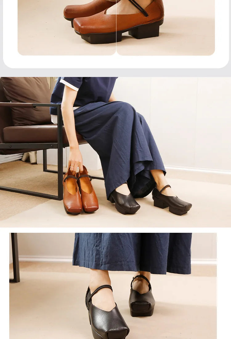 GKTINOO 2025 Spring/Summer New Vintage Real Cowhide Square Toe Women's Shoes Versatile Genuine Leather Middle Heel Pumps