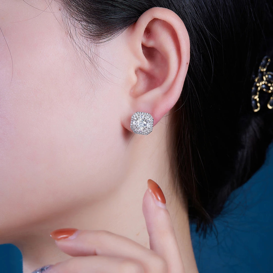 1pair Octagon Moissanite Earrings 925 Sterling Silver 18K Gold Plated Halo Jewelry for Women Gift Comes with GRA Certificate