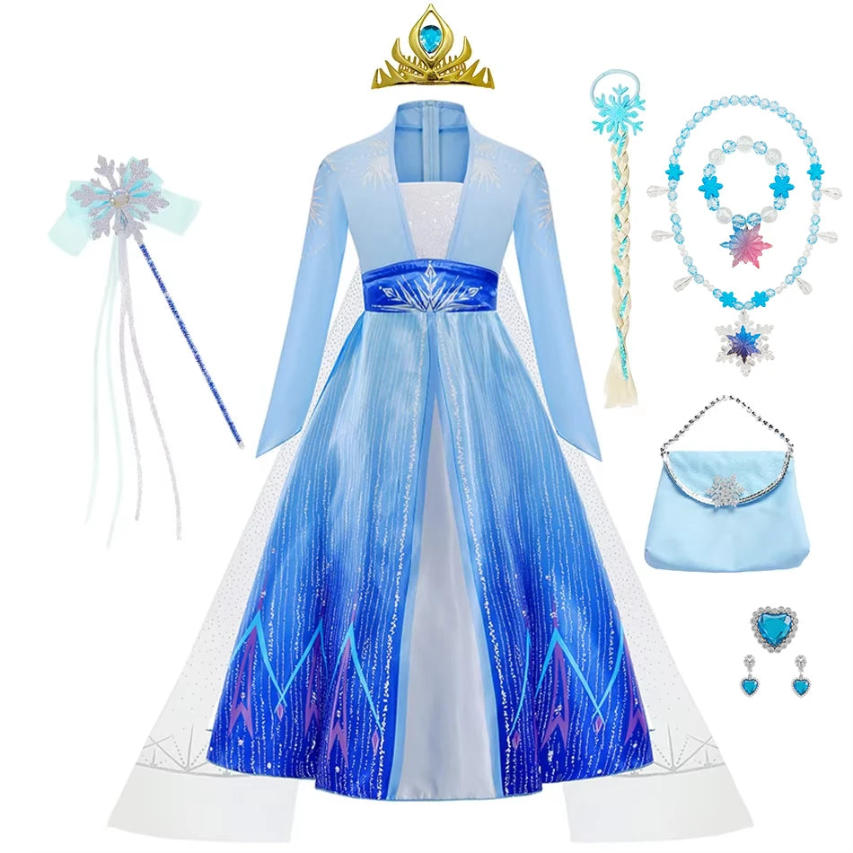 Elsa Kids Princess Dress With Cloak Stage Performance Outfits Carnival Halloween Cosplay Party Clothes Birthday Surprise Gift