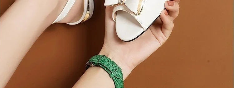 One Word Leather Summer 2024 Footwear Buckles White Women's Shoes Block Heel for Office Work Rhinestones with Low Heels Open Toe